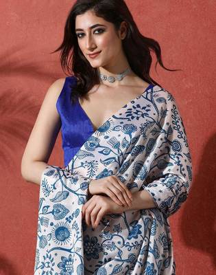 White ready to wear satin floral digital printed saree 4