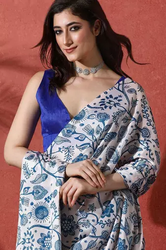 White ready to wear satin floral digital printed saree