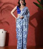 Blue ready to wear satin floral digital printed saree