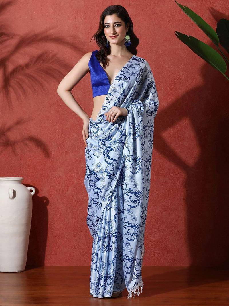 Blue ready to wear satin floral digital printed saree