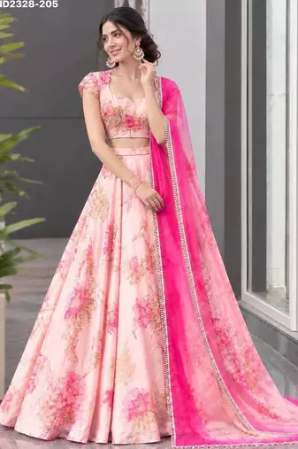 Pink Floral Printed Organza Party Wear Lehenga Choli Set