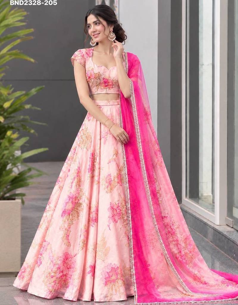 Pink Floral Printed Organza Party Wear Lehenga Choli Set