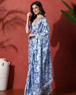 Blue ready to wear satin floral digital printed saree 2