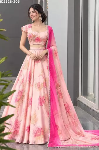 Pink Floral Printed Organza Party Wear Lehenga Choli Set