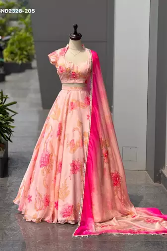 Pink Floral Printed Organza Party Wear Lehenga Choli Set
