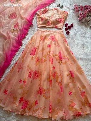 Pink Floral Printed Organza Party Wear Lehenga Choli Set 4