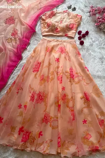 Pink Floral Printed Organza Party Wear Lehenga Choli Set