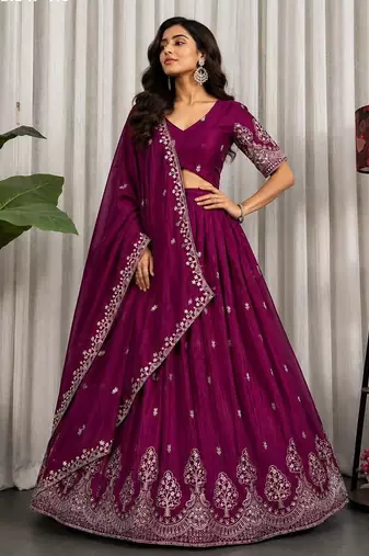 Magenta Zari Embroidered Silk Blend Festive Lehenga Choli Set