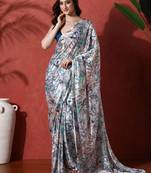 White ready to wear satin floral digital printed saree