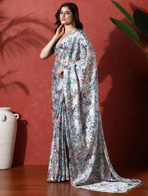 White ready to wear satin floral digital printed saree 2