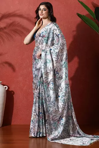White ready to wear satin floral digital printed saree