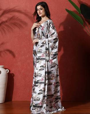 Off white ready to wear satin floral digital printed saree 2