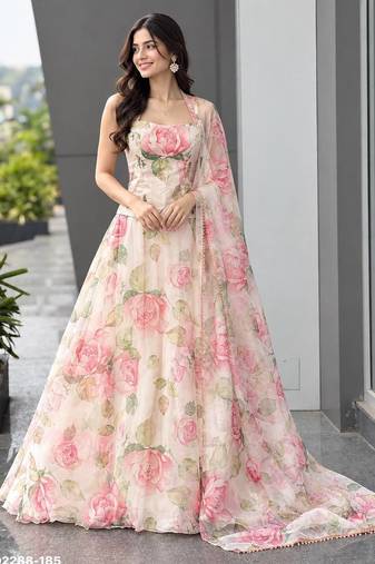 Light Pink Floral Printed Organza Haldi Lehenga Choli Set