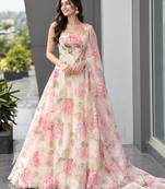 Light Pink Floral Printed Organza Haldi Lehenga Choli Set