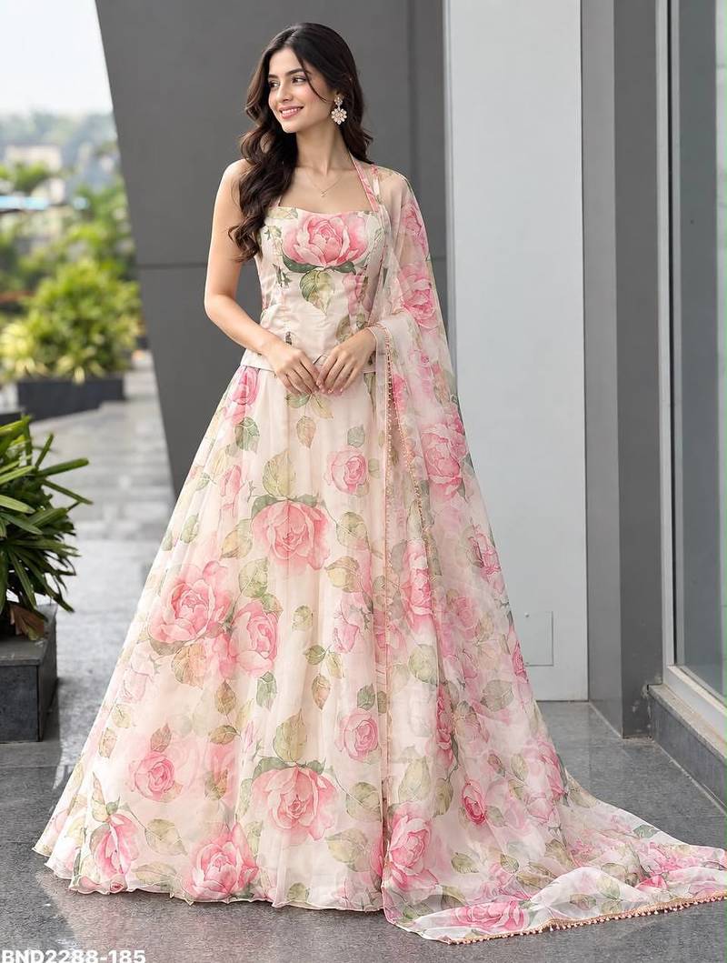 Light Pink Floral Printed Organza Haldi Lehenga Choli Set