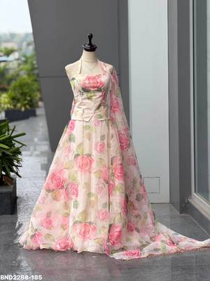 Light Pink Floral Printed Organza Haldi Lehenga Choli Set 2