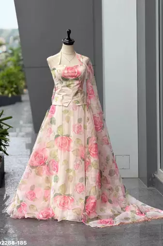 Light Pink Floral Printed Organza Haldi Lehenga Choli Set