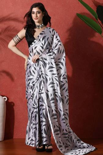 Grey ready to wear satin floral digital printed saree