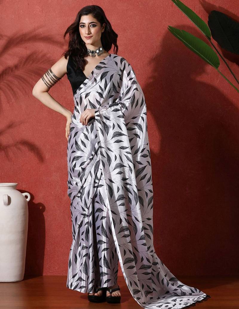 Grey ready to wear satin floral digital printed saree
