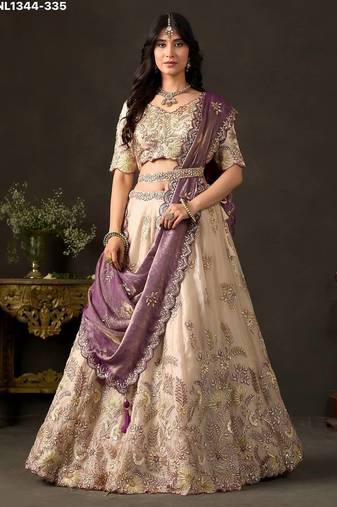 Champagne Zari Embroidered Silk Blend Wedding Lehenga Choli