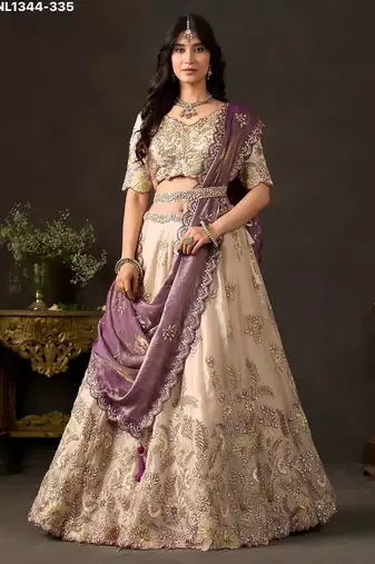Champagne Zari Embroidered Silk Blend Wedding Lehenga Choli