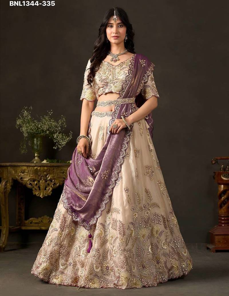 Champagne Zari Embroidered Silk Blend Wedding Lehenga Choli