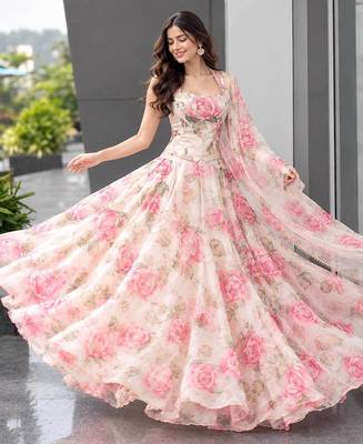 Light Pink Floral Printed Organza Haldi Lehenga Choli Set 3