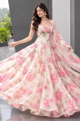 Light Pink Floral Printed Organza Haldi Lehenga Choli Set