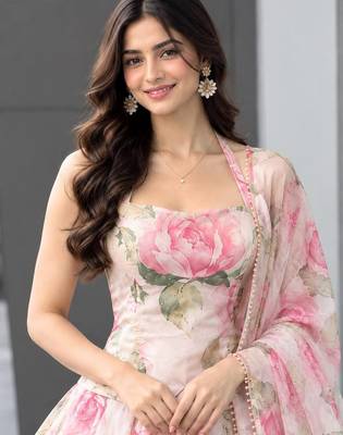 Light Pink Floral Printed Organza Haldi Lehenga Choli Set 4