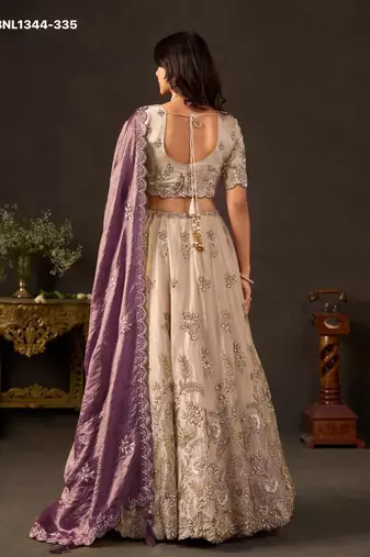 Champagne Zari Embroidered Silk Blend Wedding Lehenga Choli