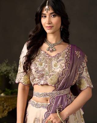 Champagne Zari Embroidered Silk Blend Wedding Lehenga Choli 4