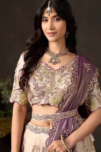 Champagne Zari Embroidered Silk Blend Wedding Lehenga Choli