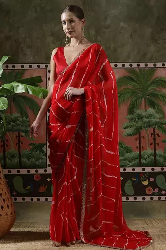 Red laheriya printed georgette ready to wear saree