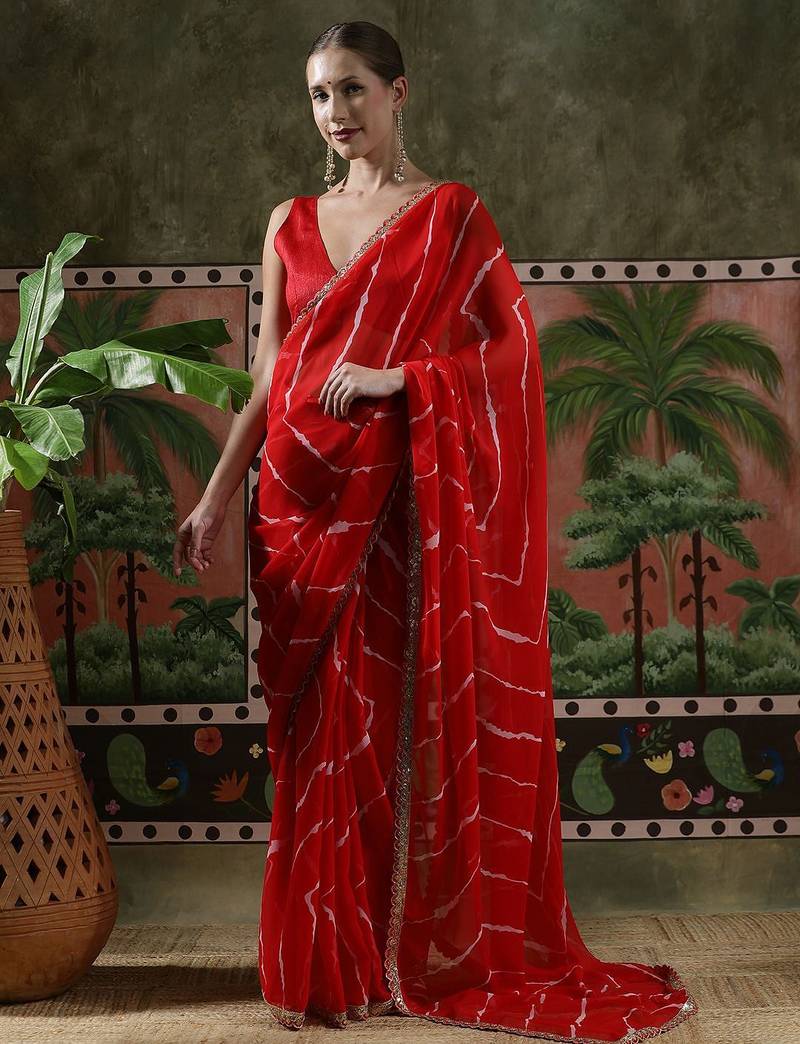 Red laheriya printed georgette ready to wear saree