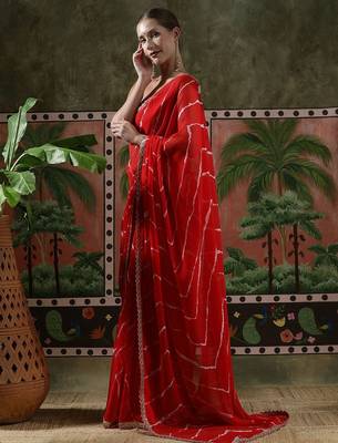 Red laheriya printed georgette ready to wear saree 2