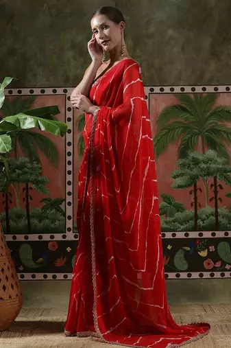 Red laheriya printed georgette ready to wear saree