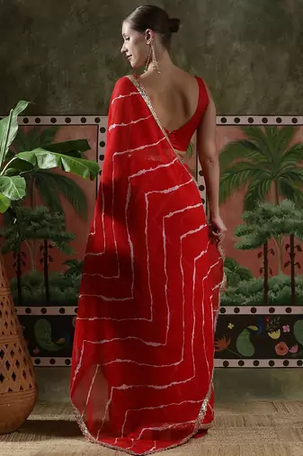 Red laheriya printed georgette ready to wear saree