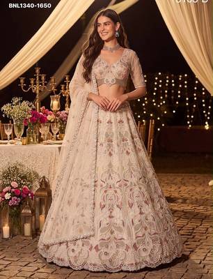 Beige Zari Embroidered Net Party Wear Lehenga Choli Set 1