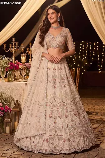 Beige Zari Embroidered Net Party Wear Lehenga Choli Set