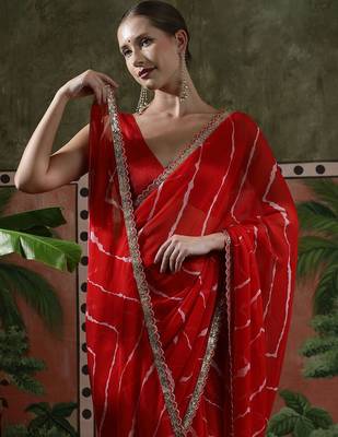 Red laheriya printed georgette ready to wear saree 4