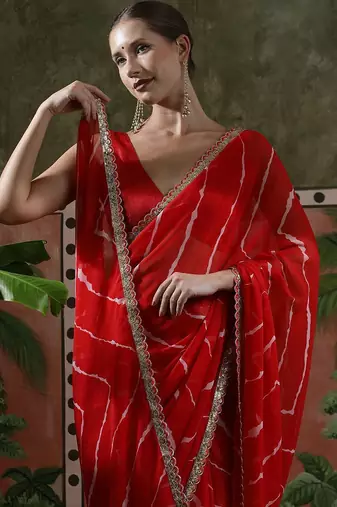Red laheriya printed georgette ready to wear saree
