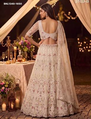 Beige Zari Embroidered Net Party Wear Lehenga Choli Set 2