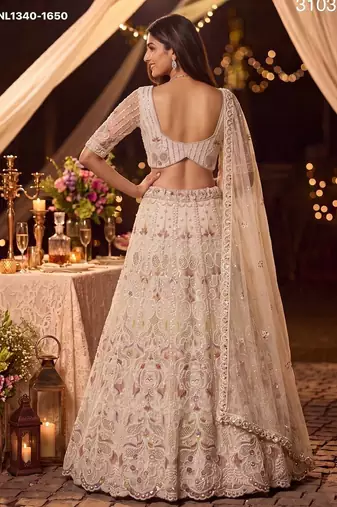 Beige Zari Embroidered Net Party Wear Lehenga Choli Set