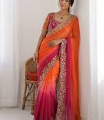 Pink embroidered sarees with unstitched blouse piece