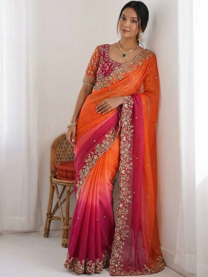 Pink embroidered sarees with unstitched blouse piece