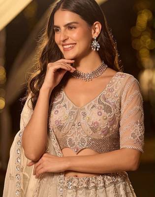 Beige Zari Embroidered Net Party Wear Lehenga Choli Set 3
