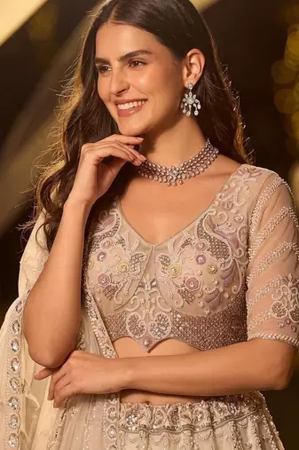 Beige Zari Embroidered Net Party Wear Lehenga Choli Set