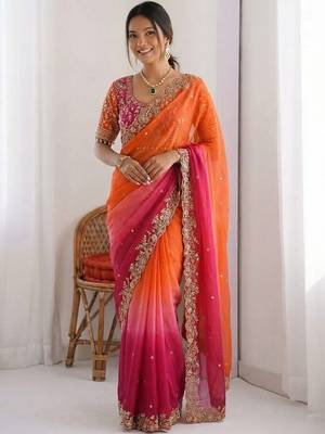 Pink embroidered sarees with unstitched blouse piece 2