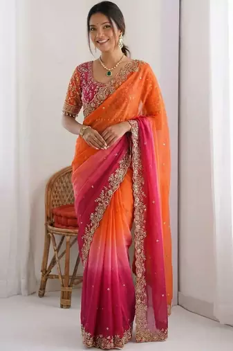Pink embroidered sarees with unstitched blouse piece