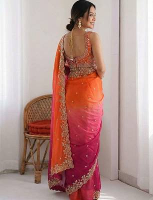 Pink embroidered sarees with unstitched blouse piece 3